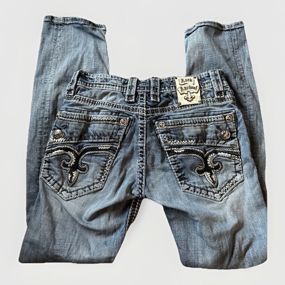 Rock Revival Jeans Daegan Straight Women’s 31 Low Rise Y2K Bling Fleur De Lis